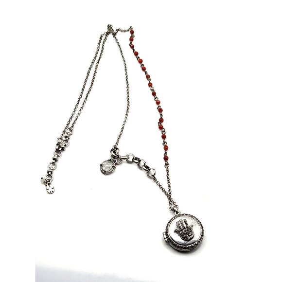 Lucky Brand Hamsa Hand LOCKET 30 inch Silver Chain Rhinestones Red Beads crystal - Picture 2 of 5
